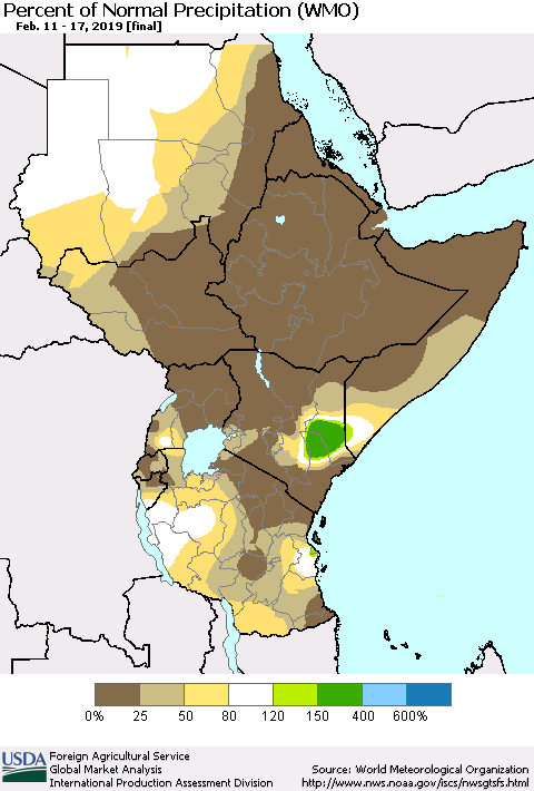 Eastern Africa Percent of Normal Precipitation (WMO) Thematic Map For 2/11/2019 - 2/17/2019