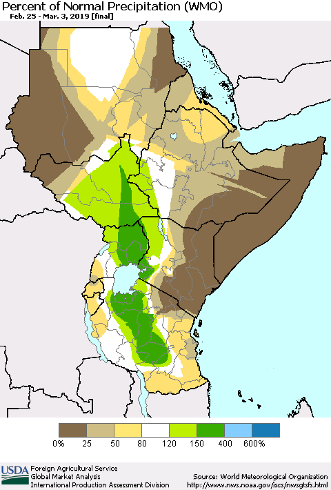 Eastern Africa Percent of Normal Precipitation (WMO) Thematic Map For 2/25/2019 - 3/3/2019