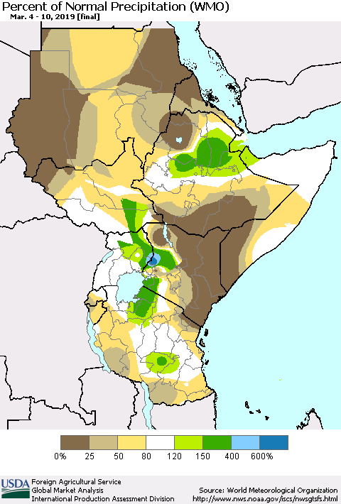 Eastern Africa Percent of Normal Precipitation (WMO) Thematic Map For 3/4/2019 - 3/10/2019