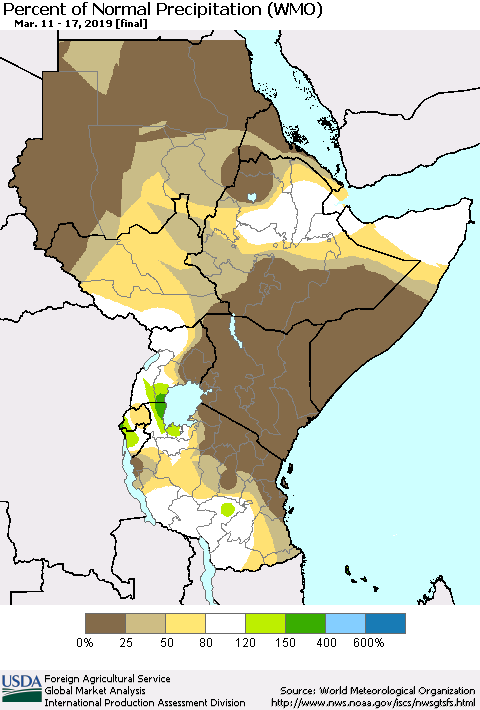 Eastern Africa Percent of Normal Precipitation (WMO) Thematic Map For 3/11/2019 - 3/17/2019