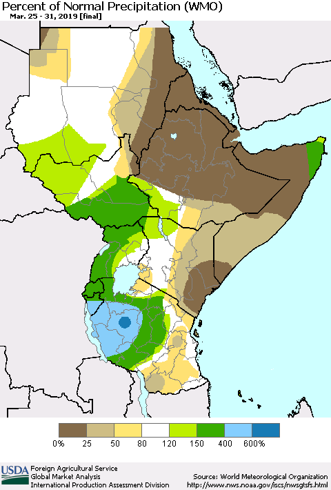 Eastern Africa Percent of Normal Precipitation (WMO) Thematic Map For 3/25/2019 - 3/31/2019