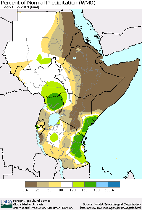 Eastern Africa Percent of Normal Precipitation (WMO) Thematic Map For 4/1/2019 - 4/7/2019