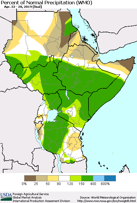 Eastern Africa Percent of Normal Precipitation (WMO) Thematic Map For 4/22/2019 - 4/28/2019