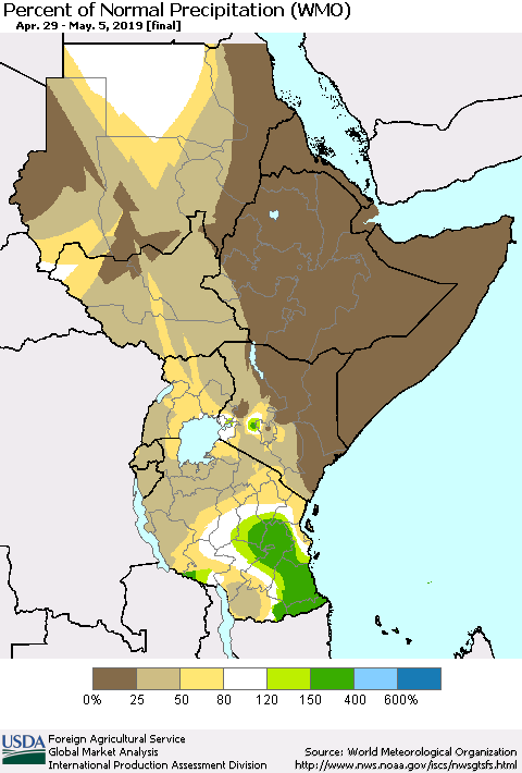 Eastern Africa Percent of Normal Precipitation (WMO) Thematic Map For 4/29/2019 - 5/5/2019
