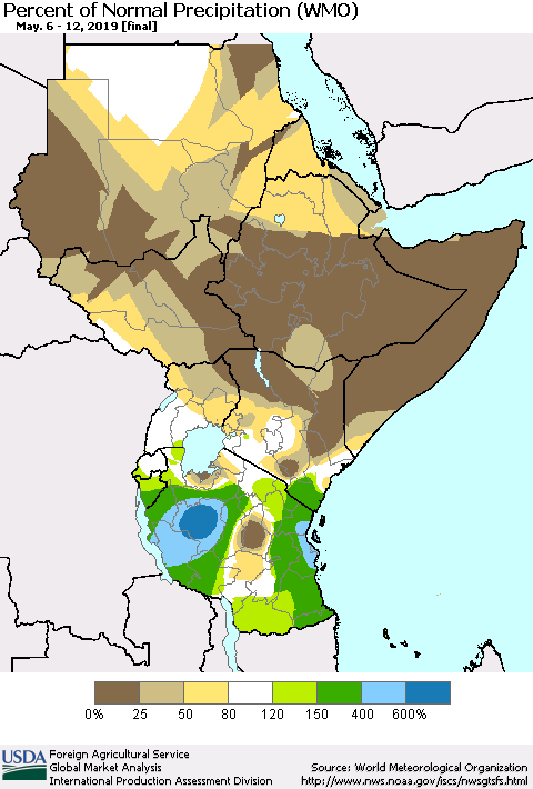 Eastern Africa Percent of Normal Precipitation (WMO) Thematic Map For 5/6/2019 - 5/12/2019