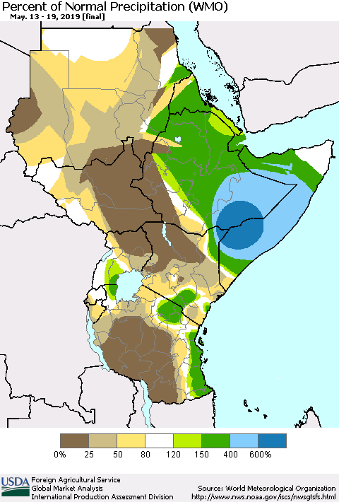 Eastern Africa Percent of Normal Precipitation (WMO) Thematic Map For 5/13/2019 - 5/19/2019