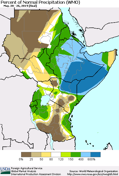 Eastern Africa Percent of Normal Precipitation (WMO) Thematic Map For 5/20/2019 - 5/26/2019