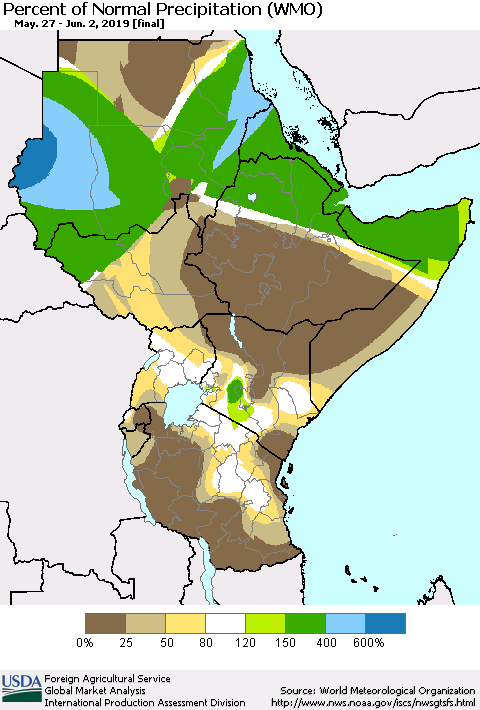 Eastern Africa Percent of Normal Precipitation (WMO) Thematic Map For 5/27/2019 - 6/2/2019