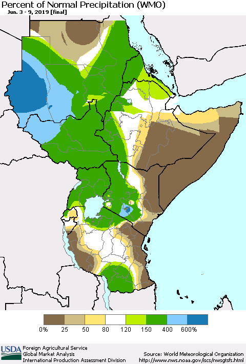 Eastern Africa Percent of Normal Precipitation (WMO) Thematic Map For 6/3/2019 - 6/9/2019