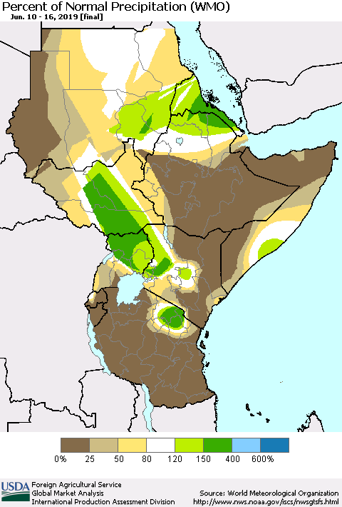 Eastern Africa Percent of Normal Precipitation (WMO) Thematic Map For 6/10/2019 - 6/16/2019