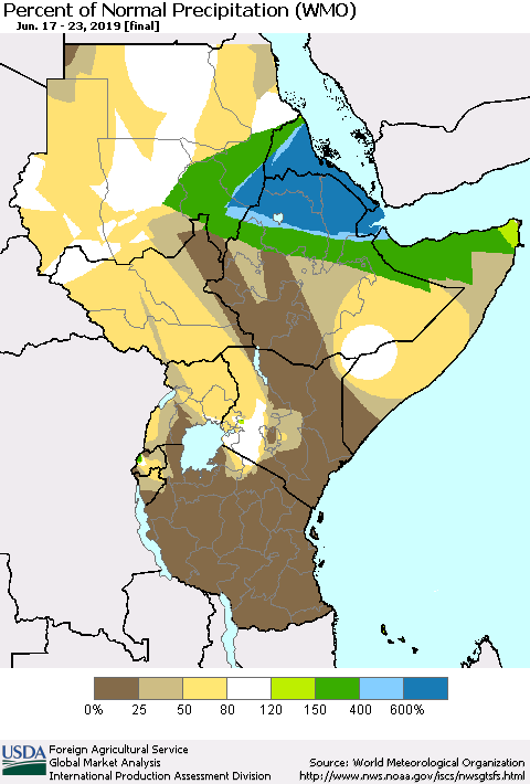 Eastern Africa Percent of Normal Precipitation (WMO) Thematic Map For 6/17/2019 - 6/23/2019
