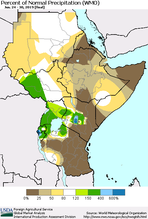 Eastern Africa Percent of Normal Precipitation (WMO) Thematic Map For 6/24/2019 - 6/30/2019