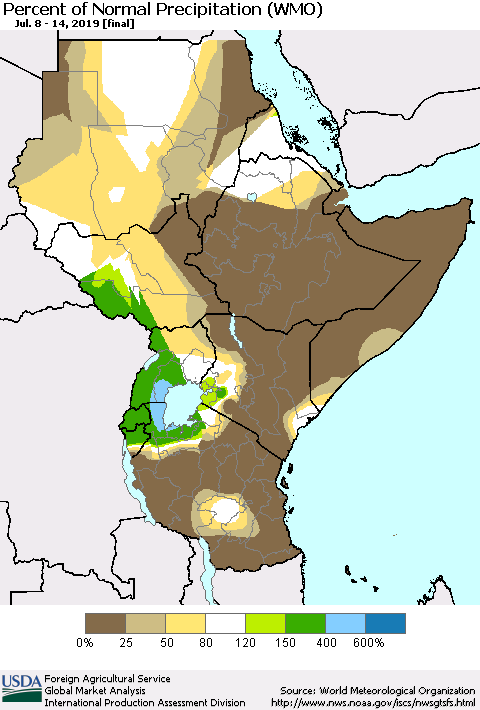 Eastern Africa Percent of Normal Precipitation (WMO) Thematic Map For 7/8/2019 - 7/14/2019