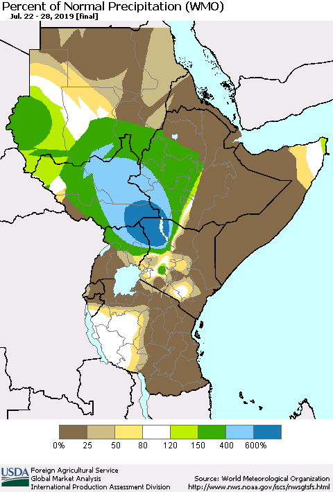 Eastern Africa Percent of Normal Precipitation (WMO) Thematic Map For 7/22/2019 - 7/28/2019