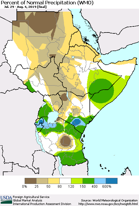 Eastern Africa Percent of Normal Precipitation (WMO) Thematic Map For 7/29/2019 - 8/4/2019