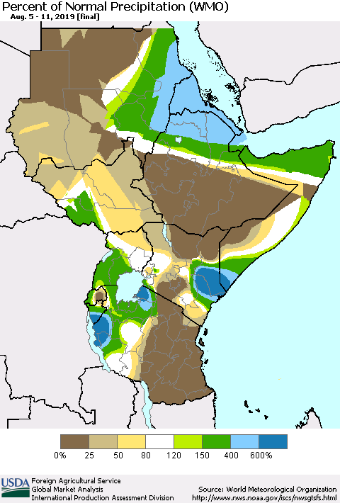 Eastern Africa Percent of Normal Precipitation (WMO) Thematic Map For 8/5/2019 - 8/11/2019