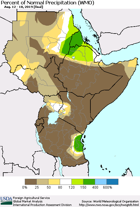 Eastern Africa Percent of Normal Precipitation (WMO) Thematic Map For 8/12/2019 - 8/18/2019