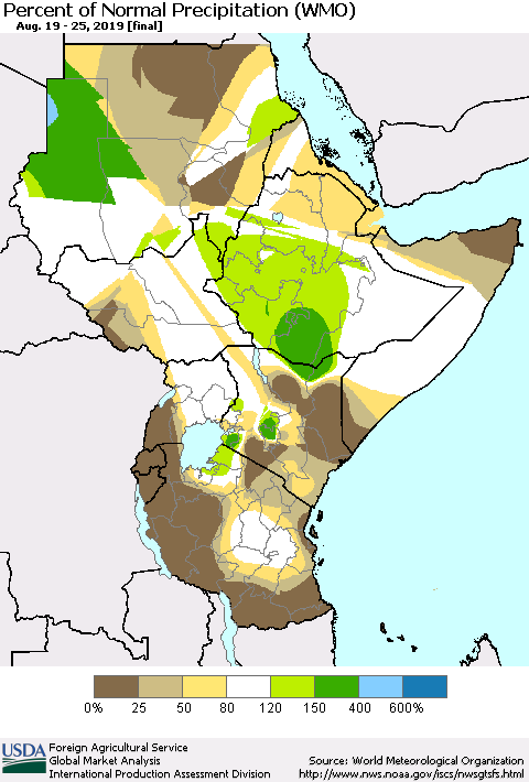 Eastern Africa Percent of Normal Precipitation (WMO) Thematic Map For 8/19/2019 - 8/25/2019