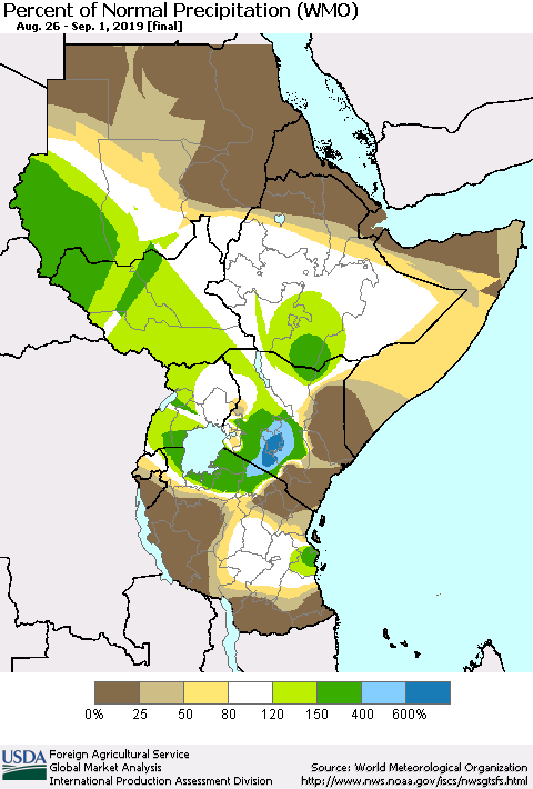 Eastern Africa Percent of Normal Precipitation (WMO) Thematic Map For 8/26/2019 - 9/1/2019