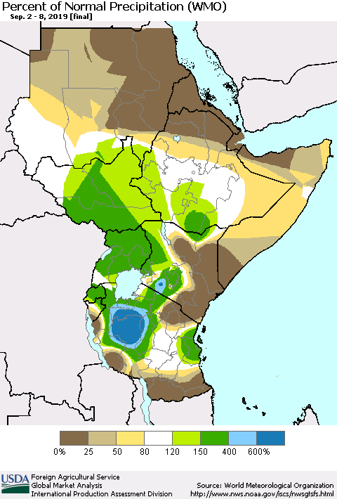 Eastern Africa Percent of Normal Precipitation (WMO) Thematic Map For 9/2/2019 - 9/8/2019