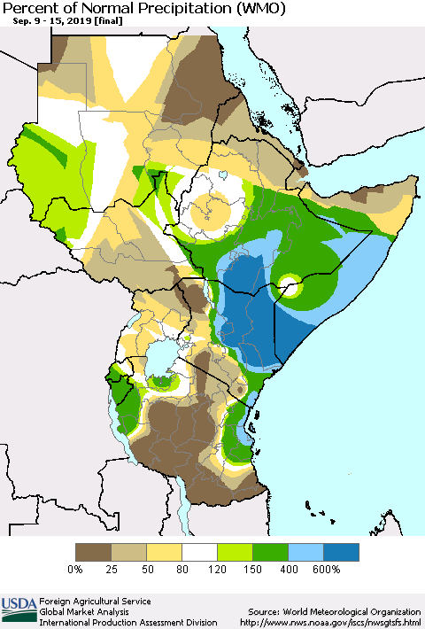 Eastern Africa Percent of Normal Precipitation (WMO) Thematic Map For 9/9/2019 - 9/15/2019