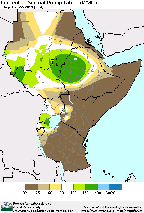 Eastern Africa Percent of Normal Precipitation (WMO) Thematic Map For 9/16/2019 - 9/22/2019