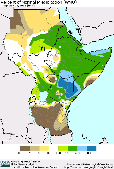 Eastern Africa Percent of Normal Precipitation (WMO) Thematic Map For 9/23/2019 - 9/29/2019
