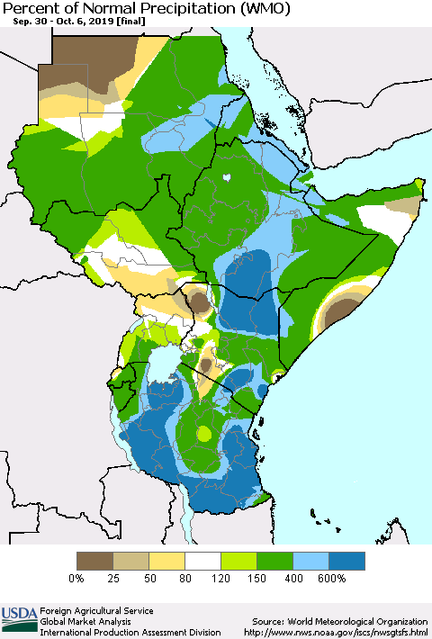 Eastern Africa Percent of Normal Precipitation (WMO) Thematic Map For 9/30/2019 - 10/6/2019