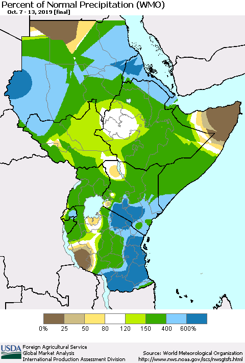 Eastern Africa Percent of Normal Precipitation (WMO) Thematic Map For 10/7/2019 - 10/13/2019