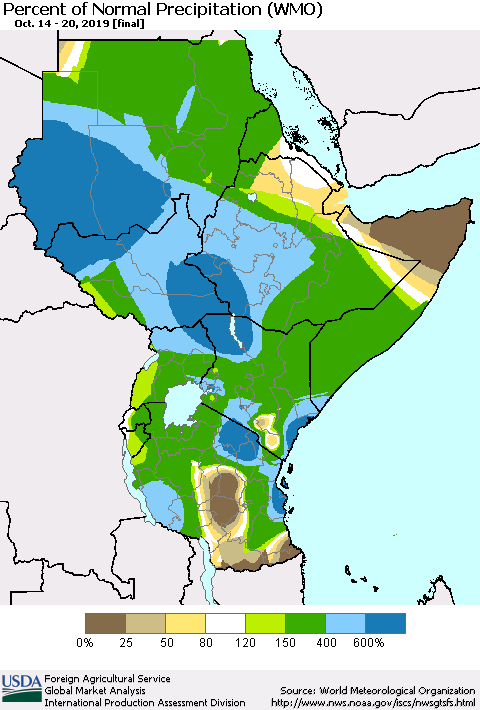 Eastern Africa Percent of Normal Precipitation (WMO) Thematic Map For 10/14/2019 - 10/20/2019