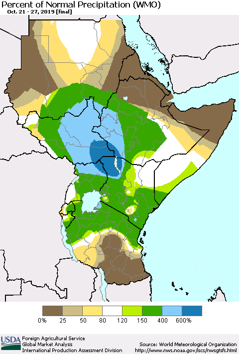 Eastern Africa Percent of Normal Precipitation (WMO) Thematic Map For 10/21/2019 - 10/27/2019