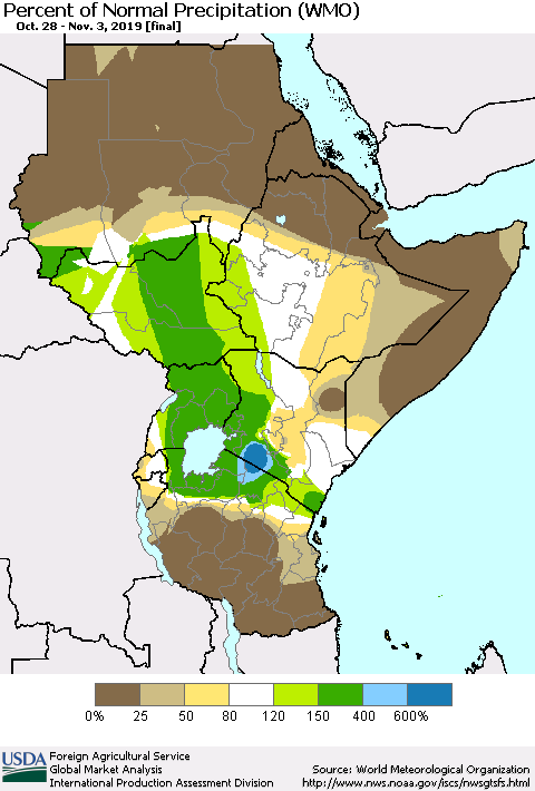 Eastern Africa Percent of Normal Precipitation (WMO) Thematic Map For 10/28/2019 - 11/3/2019