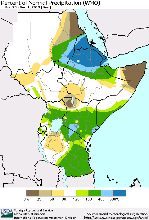 Eastern Africa Percent of Normal Precipitation (WMO) Thematic Map For 11/25/2019 - 12/1/2019