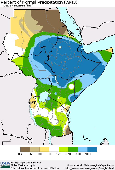 Eastern Africa Percent of Normal Precipitation (WMO) Thematic Map For 12/9/2019 - 12/15/2019