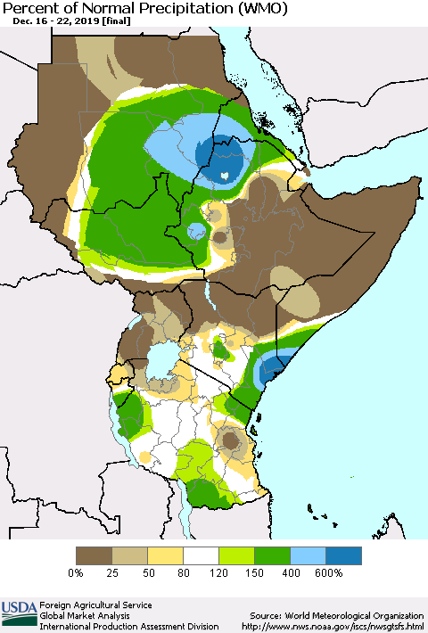 Eastern Africa Percent of Normal Precipitation (WMO) Thematic Map For 12/16/2019 - 12/22/2019