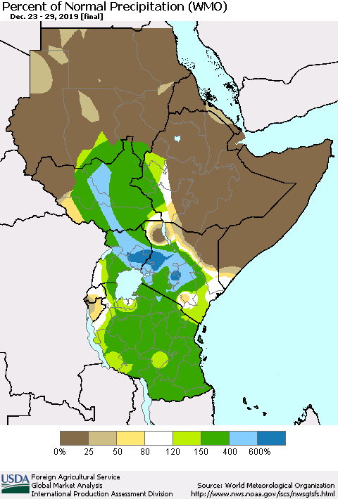 Eastern Africa Percent of Normal Precipitation (WMO) Thematic Map For 12/23/2019 - 12/29/2019