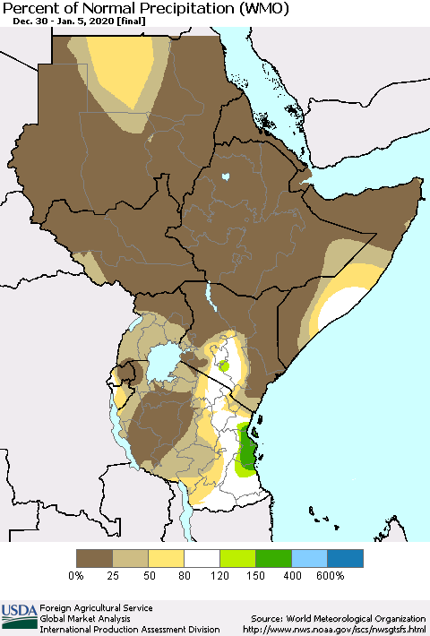 Eastern Africa Percent of Normal Precipitation (WMO) Thematic Map For 12/30/2019 - 1/5/2020