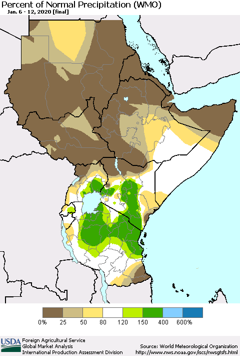 Eastern Africa Percent of Normal Precipitation (WMO) Thematic Map For 1/6/2020 - 1/12/2020