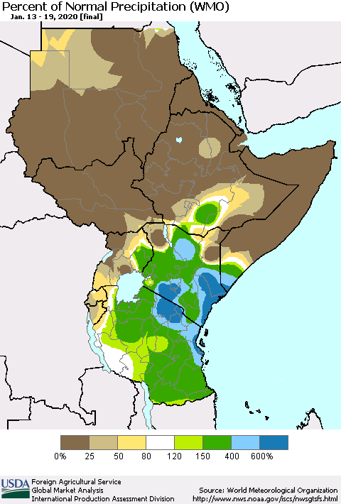 Eastern Africa Percent of Normal Precipitation (WMO) Thematic Map For 1/13/2020 - 1/19/2020
