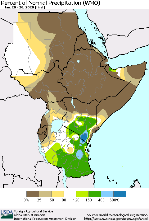 Eastern Africa Percent of Normal Precipitation (WMO) Thematic Map For 1/20/2020 - 1/26/2020