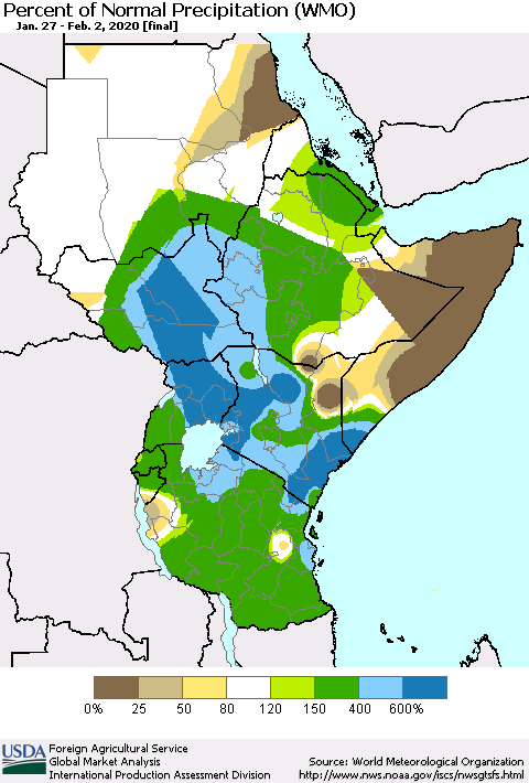 Eastern Africa Percent of Normal Precipitation (WMO) Thematic Map For 1/27/2020 - 2/2/2020