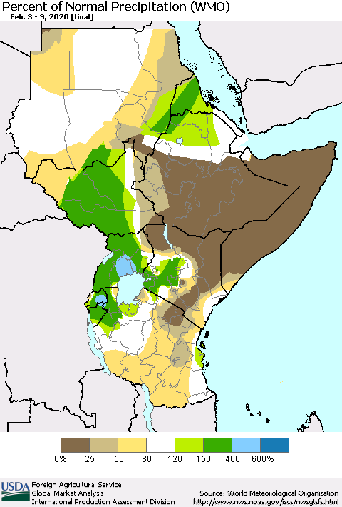 Eastern Africa Percent of Normal Precipitation (WMO) Thematic Map For 2/3/2020 - 2/9/2020