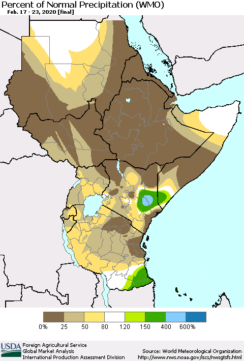 Eastern Africa Percent of Normal Precipitation (WMO) Thematic Map For 2/17/2020 - 2/23/2020