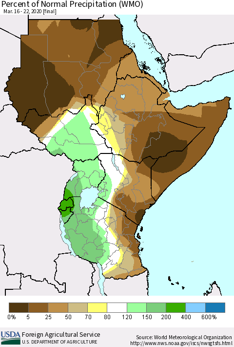 Eastern Africa Percent of Normal Precipitation (WMO) Thematic Map For 3/16/2020 - 3/22/2020