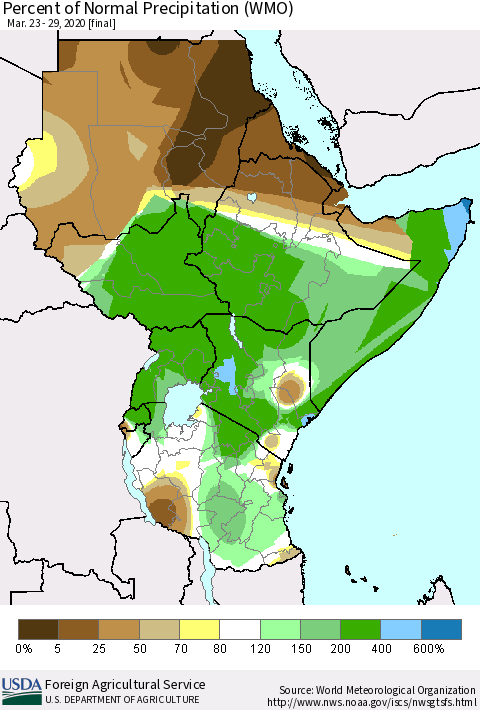 Eastern Africa Percent of Normal Precipitation (WMO) Thematic Map For 3/23/2020 - 3/29/2020