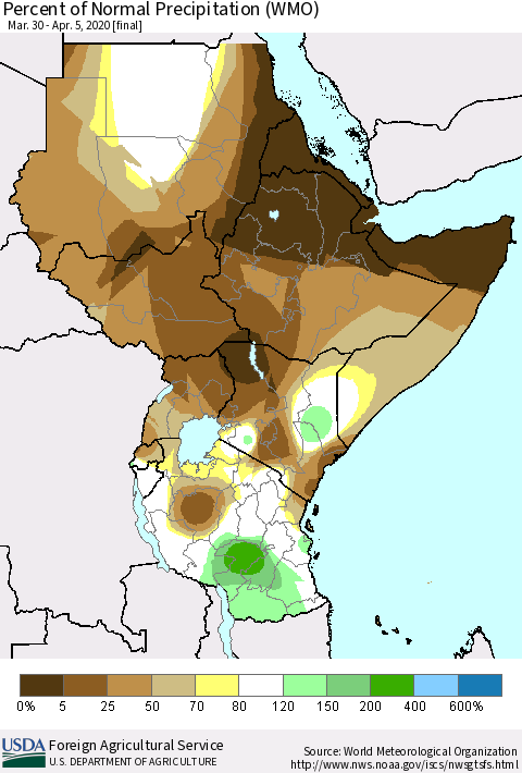 Eastern Africa Percent of Normal Precipitation (WMO) Thematic Map For 3/30/2020 - 4/5/2020