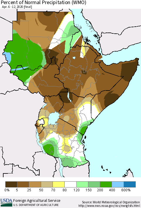 Eastern Africa Percent of Normal Precipitation (WMO) Thematic Map For 4/6/2020 - 4/12/2020