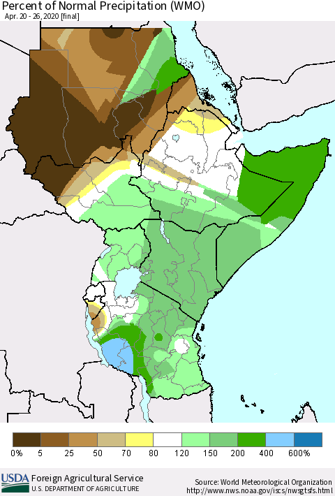 Eastern Africa Percent of Normal Precipitation (WMO) Thematic Map For 4/20/2020 - 4/26/2020
