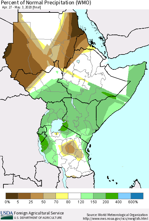 Eastern Africa Percent of Normal Precipitation (WMO) Thematic Map For 4/27/2020 - 5/3/2020