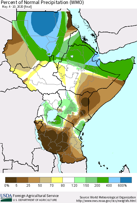 Eastern Africa Percent of Normal Precipitation (WMO) Thematic Map For 5/4/2020 - 5/10/2020
